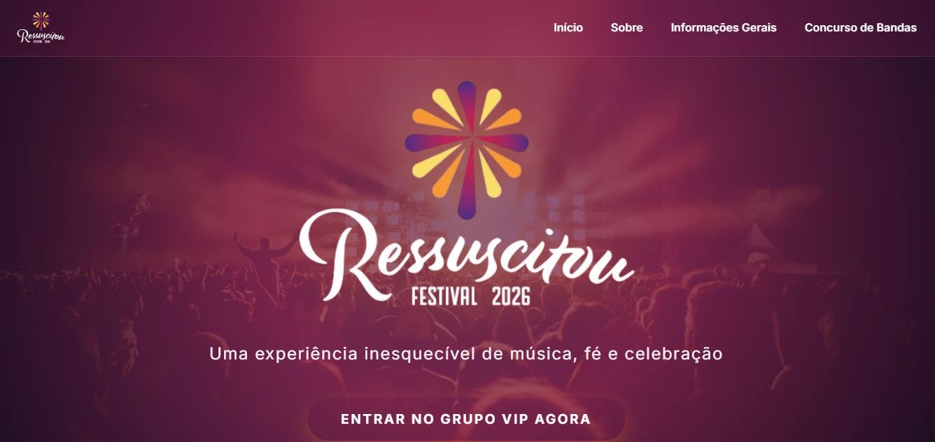 Landing page do Festival Ressuscitou 2026, com logo do evento sobre foto do público