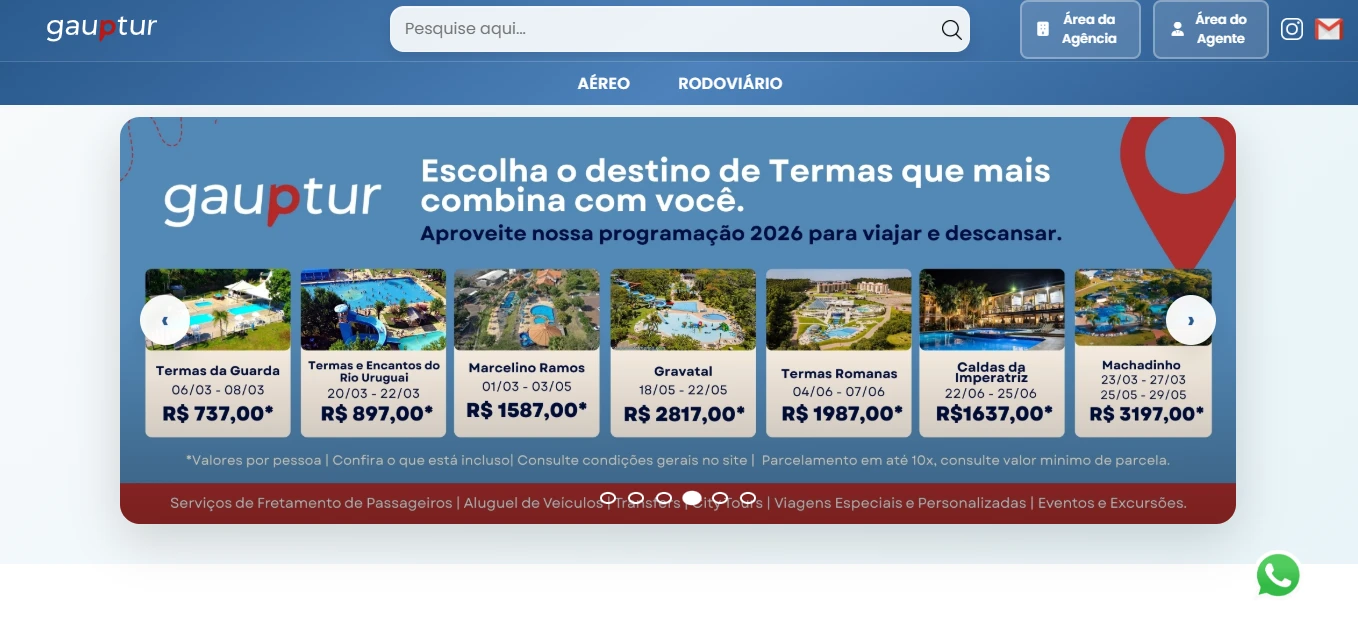 Página inicial da Gauptur, agência de viagens, com vitrine de pacotes de termas