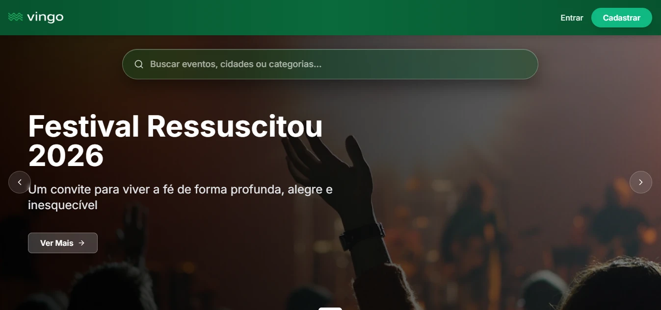 Página inicial do Vingo, plataforma de venda de ingressos online